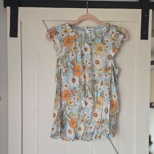 Pulse Floral Sleeveless Top in Light Blue, Orange & Cream